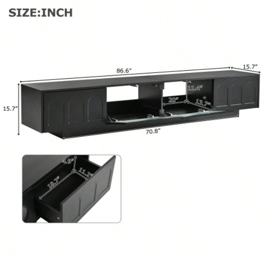 ON - TREND TV Stand with Fluted tempered Glass Doors TVs Up to 95 Functional Media Console with Arched Cabinet Doors, Entertainment Center with APP - Controlled LED Light Living Room, Black