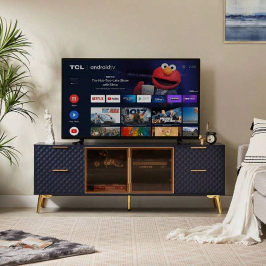 Deluxe Sculpted Modern Fashion Geometric Style TV Stand, Aluminum Frame Tempered Glass Door 4 Drawer Chest with Adjustable Metal Feet, Dark Blue, 59.9Lx 15. 21. H