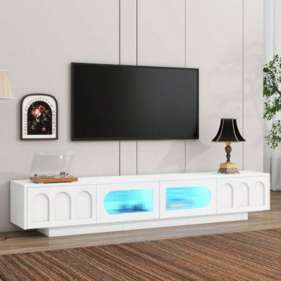 ON - TREND TV Stand with Fluted tempered Glass Doors TVs Up to 95 Functional Media Console with Arched Cabinet Doors, Entertainment Center with APP - Controlled LED Light Living Room, Black