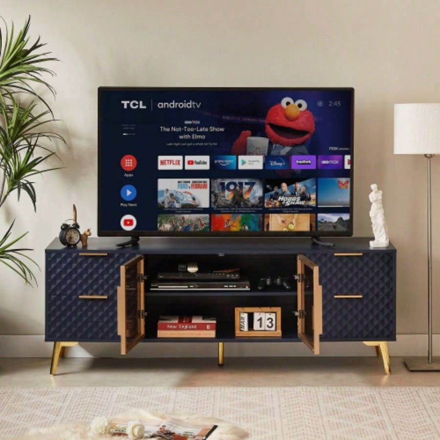 Deluxe Sculpted Modern Fashion Geometric Style TV Stand, Aluminum Frame Tempered Glass Door 4 Drawer Chest with Adjustable Metal Feet, Dark Blue, 59.9Lx 15. 21. H