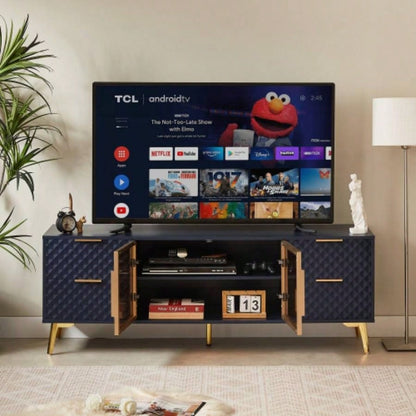 Deluxe Sculpted Modern Fashion Geometric Style TV Stand, Aluminum Frame Tempered Glass Door 4 Drawer Chest with Adjustable Metal Feet, Dark Blue, 59.9Lx 15. 21. H