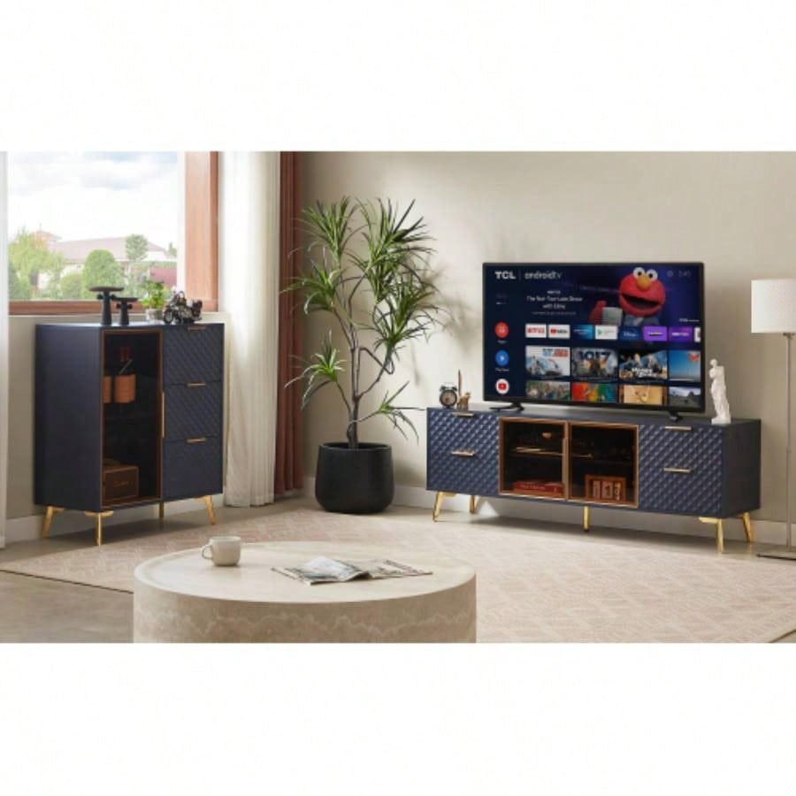 Deluxe Sculpted Modern Fashion Geometric Style TV Stand, Aluminum Frame Tempered Glass Door 4 Drawer Chest with Adjustable Metal Feet, Dark Blue, 59.9Lx 15. 21. H