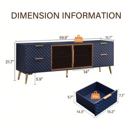 Deluxe Sculpted Modern Fashion Geometric Style TV Stand, Aluminum Frame Tempered Glass Door 4 Drawer Chest with Adjustable Metal Feet, Dark Blue, 59.9Lx 15. 21. H