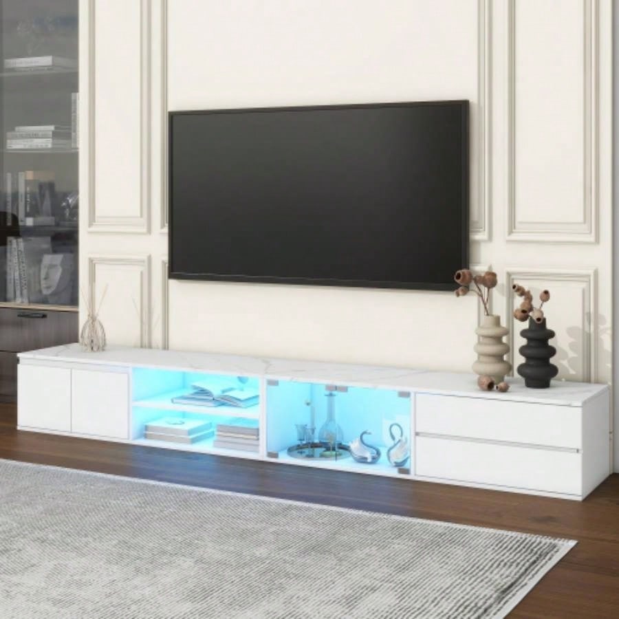 ON - TREND TV Stand with Fluted tempered Glass Doors TVs Up to 95 Functional Media Console with Arched Cabinet Doors, Entertainment Center with APP - Controlled LED Light Living Room, Black