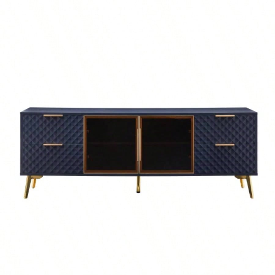 Deluxe Sculpted Modern Fashion Geometric Style TV Stand, Aluminum Frame Tempered Glass Door 4 Drawer Chest with Adjustable Metal Feet, Dark Blue, 59.9Lx 15. 21. H
