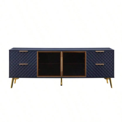 Deluxe Sculpted Modern Fashion Geometric Style TV Stand, Aluminum Frame Tempered Glass Door 4 Drawer Chest with Adjustable Metal Feet, Dark Blue, 59.9Lx 15. 21. H