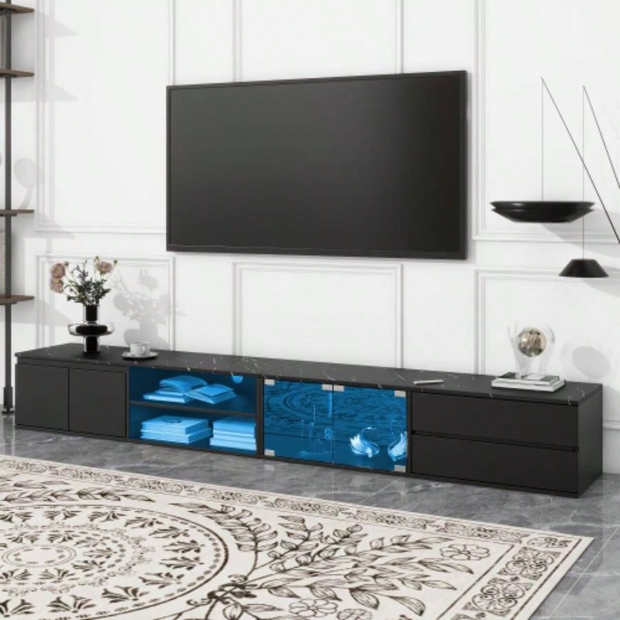 ON - TREND TV Stand with Fluted tempered Glass Doors TVs Up to 95 Functional Media Console with Arched Cabinet Doors, Entertainment Center with APP - Controlled LED Light Living Room, Black