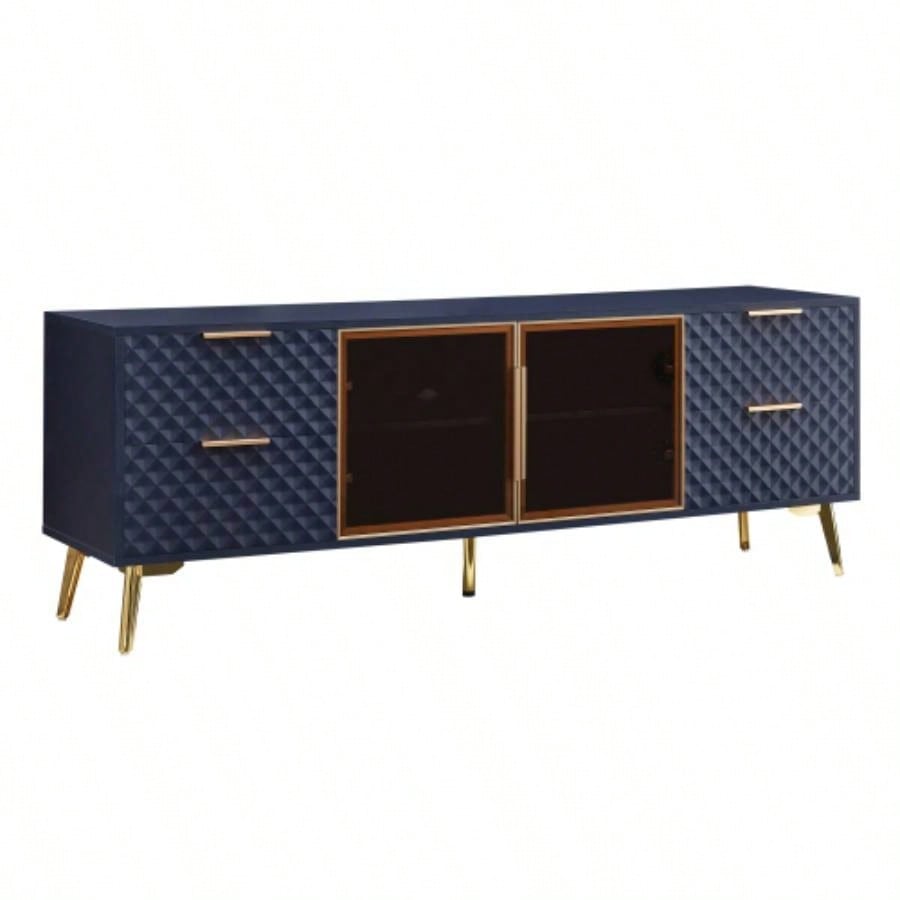 Deluxe Sculpted Modern Fashion Geometric Style TV Stand, Aluminum Frame Tempered Glass Door 4 Drawer Chest with Adjustable Metal Feet, Dark Blue, 59.9Lx 15. 21. H