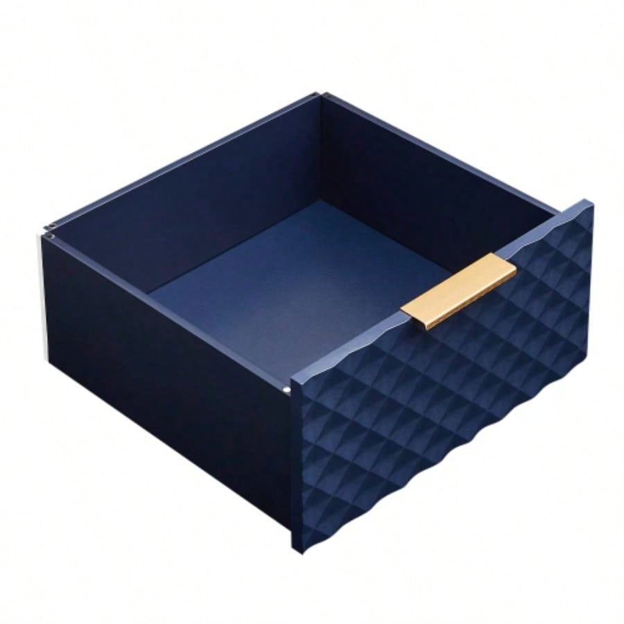 Deluxe Sculpted Modern Fashion Geometric Style TV Stand, Aluminum Frame Tempered Glass Door 4 Drawer Chest with Adjustable Metal Feet, Dark Blue, 59.9Lx 15. 21. H