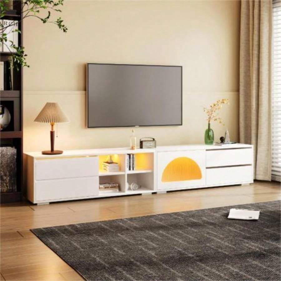 ON - TREND TV Stand with Fluted tempered Glass Doors TVs Up to 95 Functional Media Console with Arched Cabinet Doors, Entertainment Center with APP - Controlled LED Light Living Room, Black