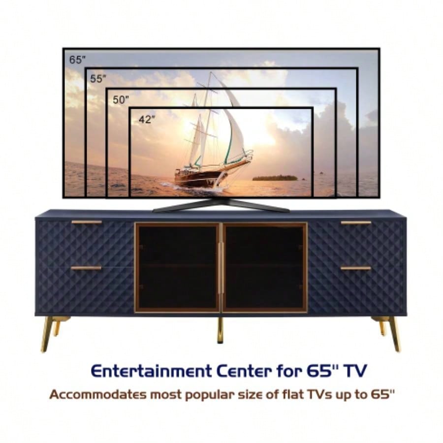 Deluxe Sculpted Modern Fashion Geometric Style TV Stand, Aluminum Frame Tempered Glass Door 4 Drawer Chest with Adjustable Metal Feet, Dark Blue, 59.9Lx 15. 21. H
