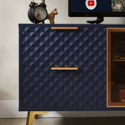 Deluxe Sculpted Modern Fashion Geometric Style TV Stand, Aluminum Frame Tempered Glass Door 4 Drawer Chest with Adjustable Metal Feet, Dark Blue, 59.9Lx 15. 21. H