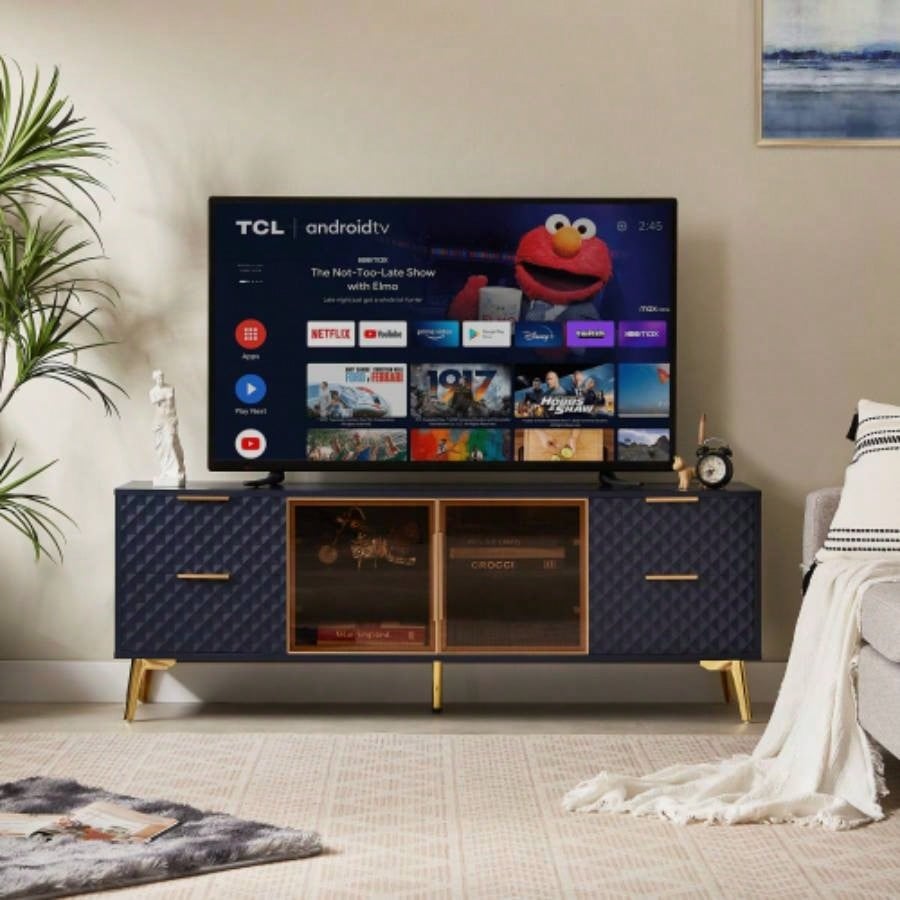 Deluxe Sculpted Modern Fashion Geometric Style TV Stand, Aluminum Frame Tempered Glass Door 4 Drawer Chest with Adjustable Metal Feet, Dark Blue, 59.9Lx 15. 21. H