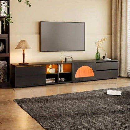 ON - TREND TV Stand with Fluted tempered Glass Doors TVs Up to 95 Functional Media Console with Arched Cabinet Doors, Entertainment Center with APP - Controlled LED Light Living Room, Black