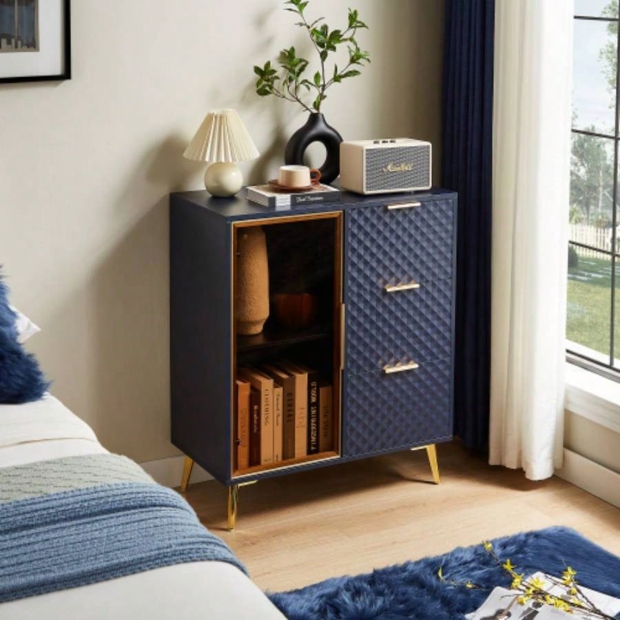 Deluxe Sculpted Modern Fashion Geometric Style TV Stand, Aluminum Frame Tempered Glass Door 4 Drawer Chest with Adjustable Metal Feet, Dark Blue, 59.9Lx 15. 21. H