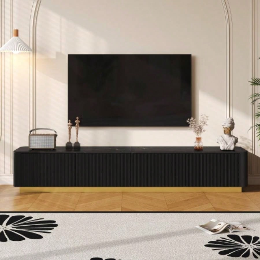 ON - TREND TV Stand with Fluted tempered Glass Doors TVs Up to 95 Functional Media Console with Arched Cabinet Doors, Entertainment Center with APP - Controlled LED Light Living Room, Black