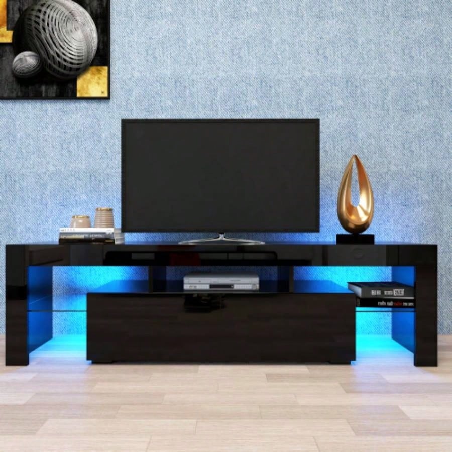 Modern Black TV Stand, 20 Colors LED TV Stand/Remote Control Lights