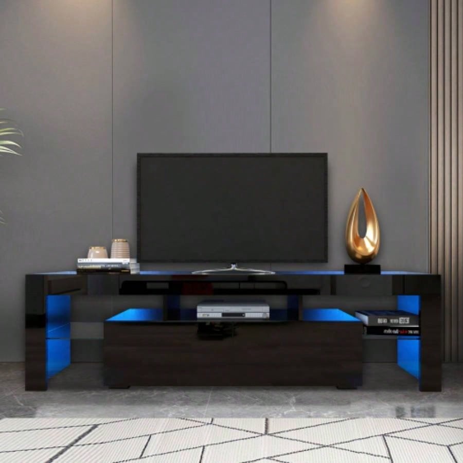 Modern Black TV Stand, 20 Colors LED TV Stand/Remote Control Lights