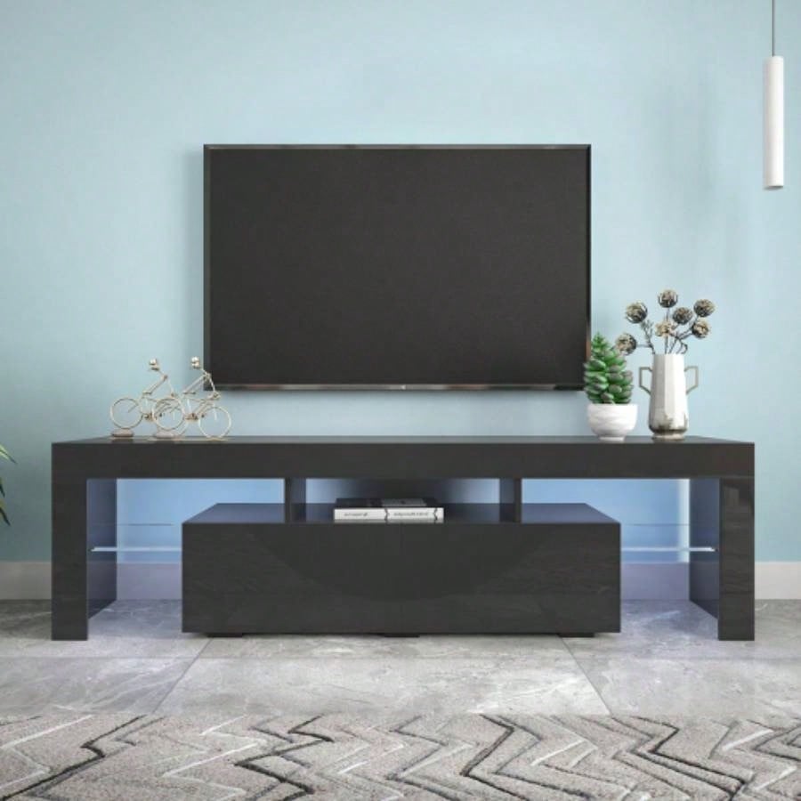 Modern Black TV Stand, 20 Colors LED TV Stand/Remote Control Lights