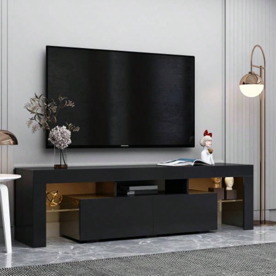 Modern Black TV Stand, 20 Colors LED TV Stand/Remote Control Lights