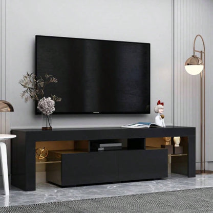 Modern Black TV Stand, 20 Colors LED TV Stand/Remote Control Lights