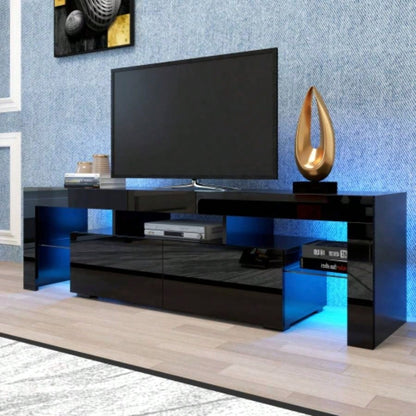 Modern Black TV Stand, 20 Colors LED TV Stand/Remote Control Lights