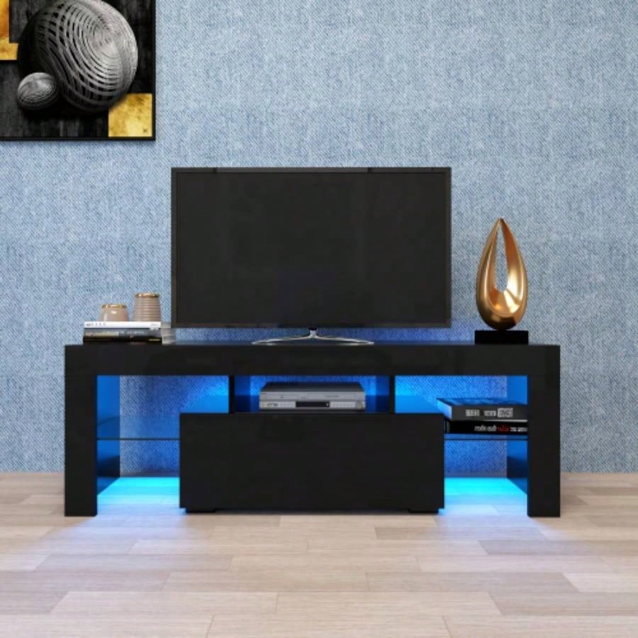 Modern Black TV Stand, 20 Colors LED TV Stand/Remote Control Lights