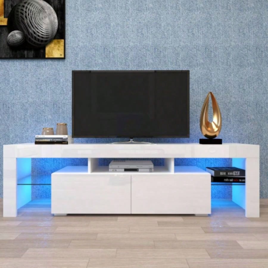 Modern Black TV Stand, 20 Colors LED TV Stand/Remote Control Lights