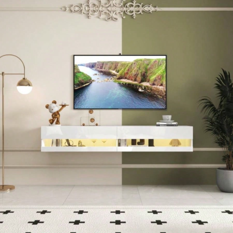 Modern Black TV Stand, 20 Colors LED TV Stand/Remote Control Lights