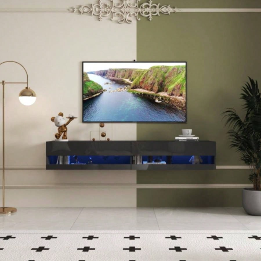 Modern Black TV Stand, 20 Colors LED TV Stand/Remote Control Lights