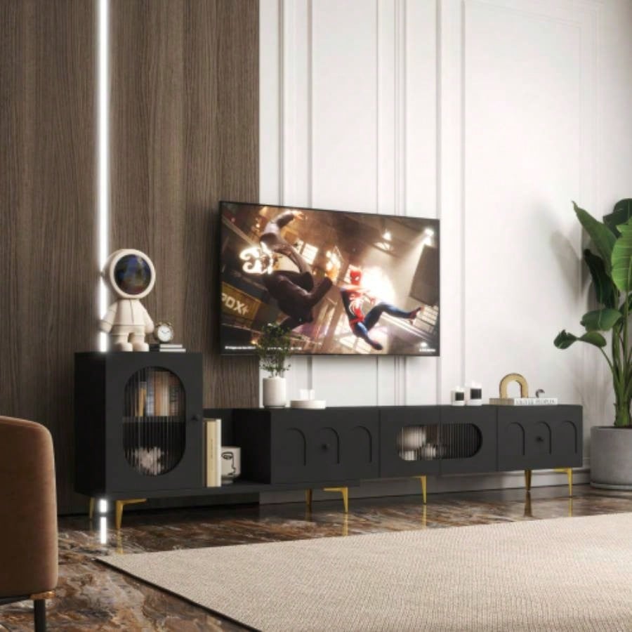 Modern Black TV Stand, 20 Colors LED TV Stand/Remote Control Lights