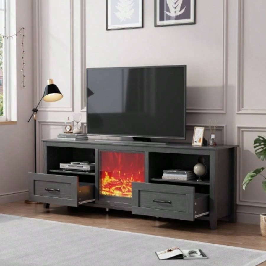 70.08 Inch Length Black TV Stand Living Room and Bedroom, with 2 Drawers and 4 High - Capacity Storage Compartment, Suitable fireplace