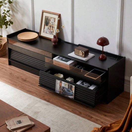 Mirod Modern TV Stand with Ample Storage, 4 Drawer Design with Tempered Glass, Built - in Charging Ports and Ambient LED Lighting, Versatile Any Decor Style