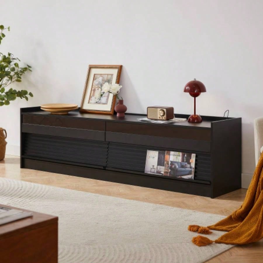 Mirod Modern TV Stand with Ample Storage, 4 Drawer Design with Tempered Glass, Built - in Charging Ports and Ambient LED Lighting, Versatile Any Decor Style