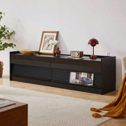 Mirod Modern TV Stand with Ample Storage, 4 Drawer Design with Tempered Glass, Built - in Charging Ports and Ambient LED Lighting, Versatile Any Decor Style