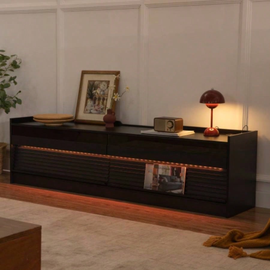 Mirod Modern TV Stand with Ample Storage, 4 Drawer Design with Tempered Glass, Built - in Charging Ports and Ambient LED Lighting, Versatile Any Decor Style