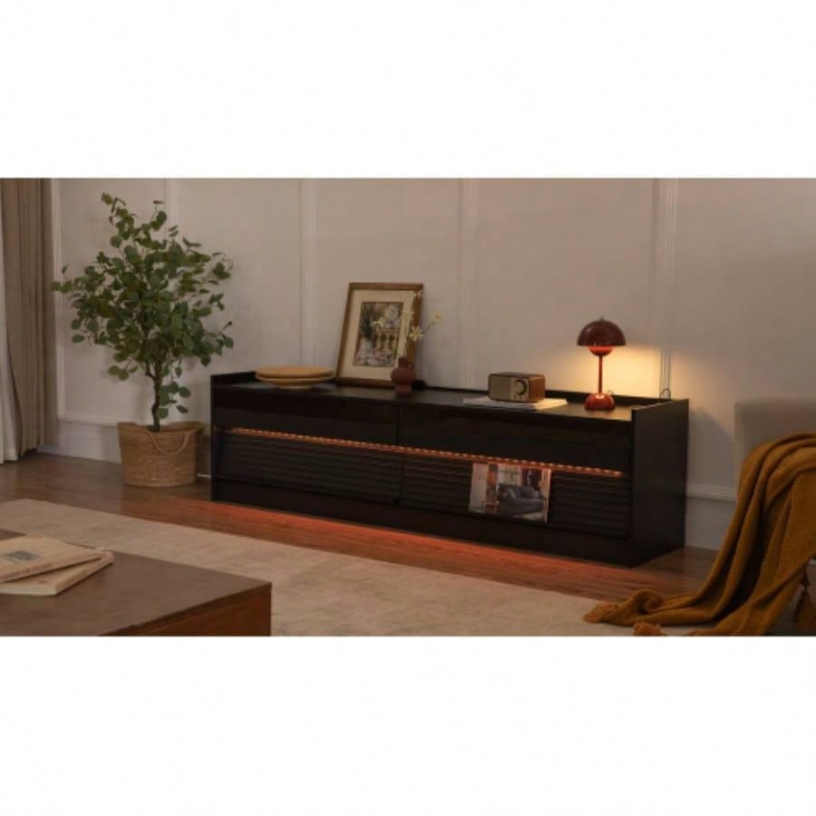 Mirod Modern TV Stand with Ample Storage, 4 Drawer Design with Tempered Glass, Built - in Charging Ports and Ambient LED Lighting, Versatile Any Decor Style