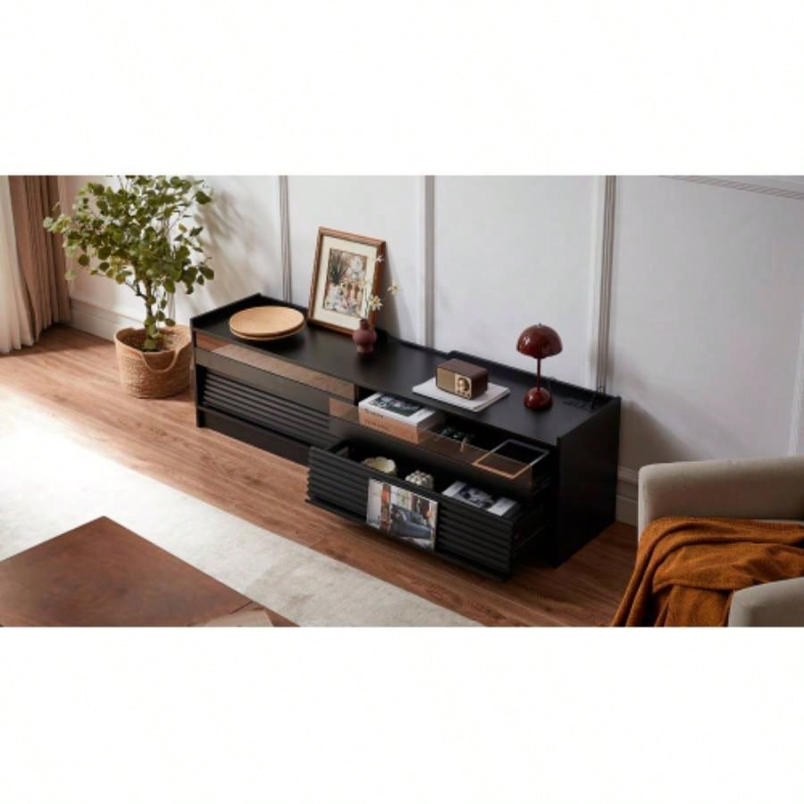 Mirod Modern TV Stand with Ample Storage, 4 Drawer Design with Tempered Glass, Built - in Charging Ports and Ambient LED Lighting, Versatile Any Decor Style