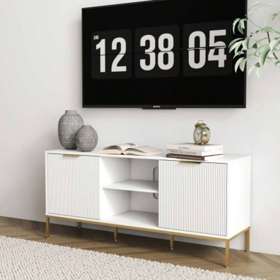 Modern TV Stand with Wave - Design Doors, Open Shelf Adjustable Shelf - Stylish and Functional Your Living Room