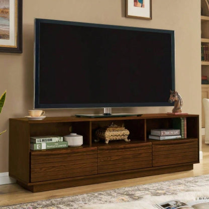 63 Mid - Modern TV Stand TVs up to 75 Thick Sturdy Farmhouse Entertainment Cabinet, Media Console Living Room, Louver Design Solid Wood Drawers Outlet Holes, Walnut