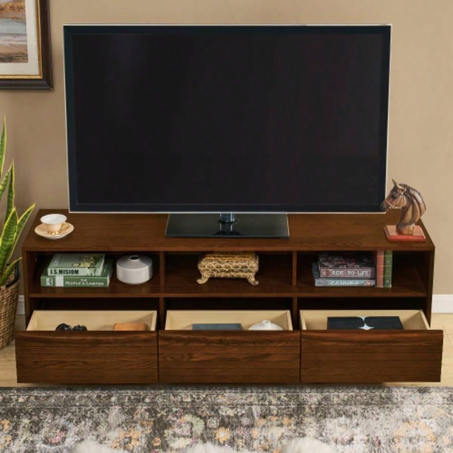 63 Mid - Modern TV Stand TVs up to 75 Thick Sturdy Farmhouse Entertainment Cabinet, Media Console Living Room, Louver Design Solid Wood Drawers Outlet Holes, Walnut
