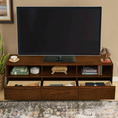 63 Mid - Modern TV Stand TVs up to 75 Thick Sturdy Farmhouse Entertainment Cabinet, Media Console Living Room, Louver Design Solid Wood Drawers Outlet Holes, Walnut
