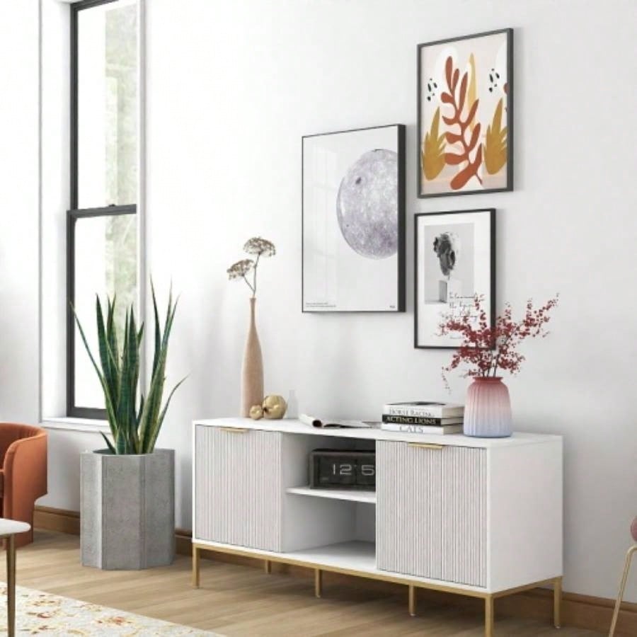 Modern TV Stand with Wave - Design Doors, Open Shelf Adjustable Shelf - Stylish and Functional Your Living Room