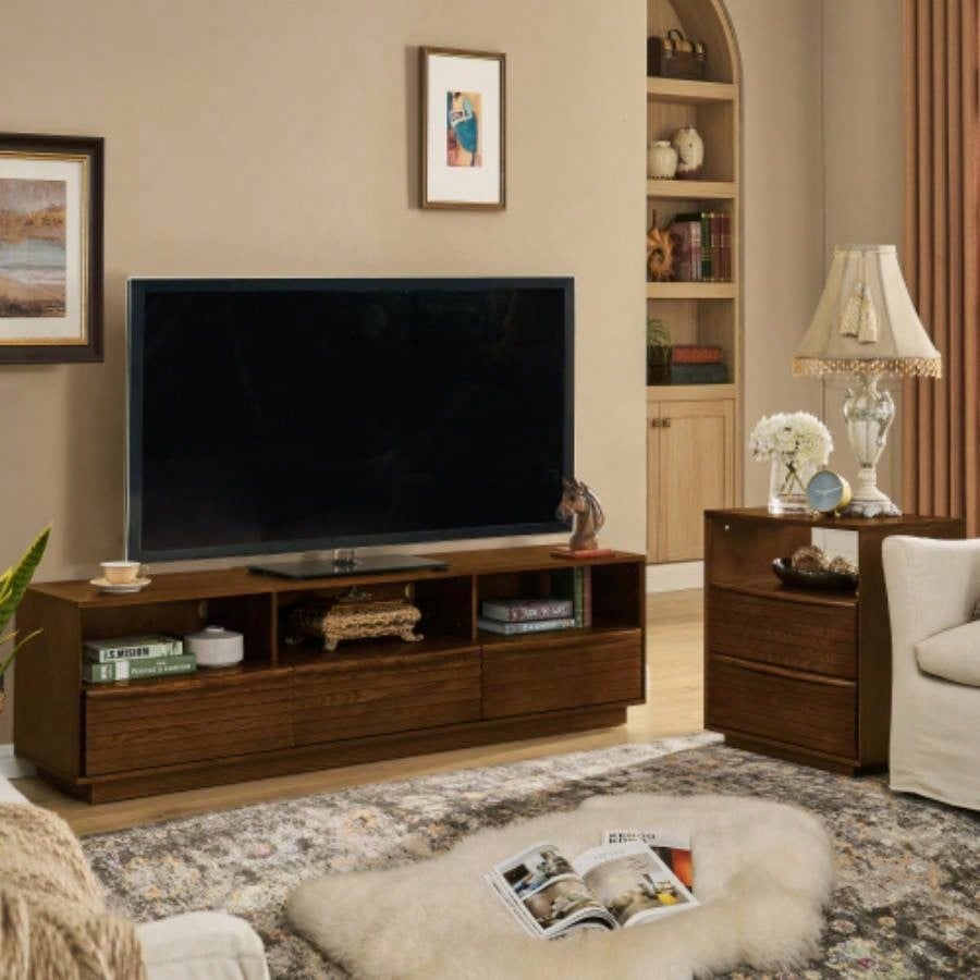 63 Mid - Modern TV Stand TVs up to 75 Thick Sturdy Farmhouse Entertainment Cabinet, Media Console Living Room, Louver Design Solid Wood Drawers Outlet Holes, Walnut