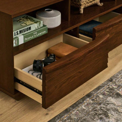 63 Mid - Modern TV Stand TVs up to 75 Thick Sturdy Farmhouse Entertainment Cabinet, Media Console Living Room, Louver Design Solid Wood Drawers Outlet Holes, Walnut