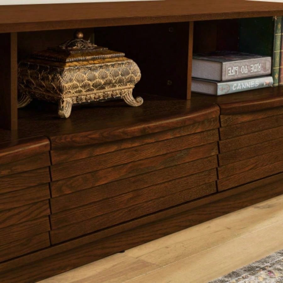 63 Mid - Modern TV Stand TVs up to 75 Thick Sturdy Farmhouse Entertainment Cabinet, Media Console Living Room, Louver Design Solid Wood Drawers Outlet Holes, Walnut