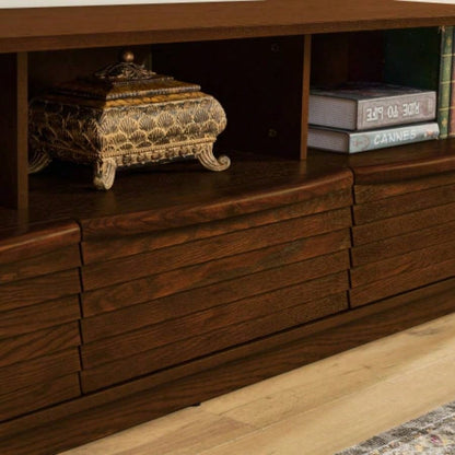63 Mid - Modern TV Stand TVs up to 75 Thick Sturdy Farmhouse Entertainment Cabinet, Media Console Living Room, Louver Design Solid Wood Drawers Outlet Holes, Walnut