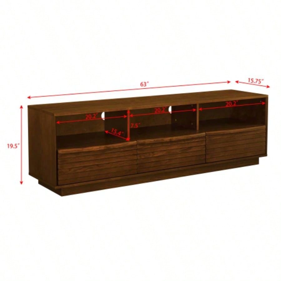 63 Mid - Modern TV Stand TVs up to 75 Thick Sturdy Farmhouse Entertainment Cabinet, Media Console Living Room, Louver Design Solid Wood Drawers Outlet Holes, Walnut