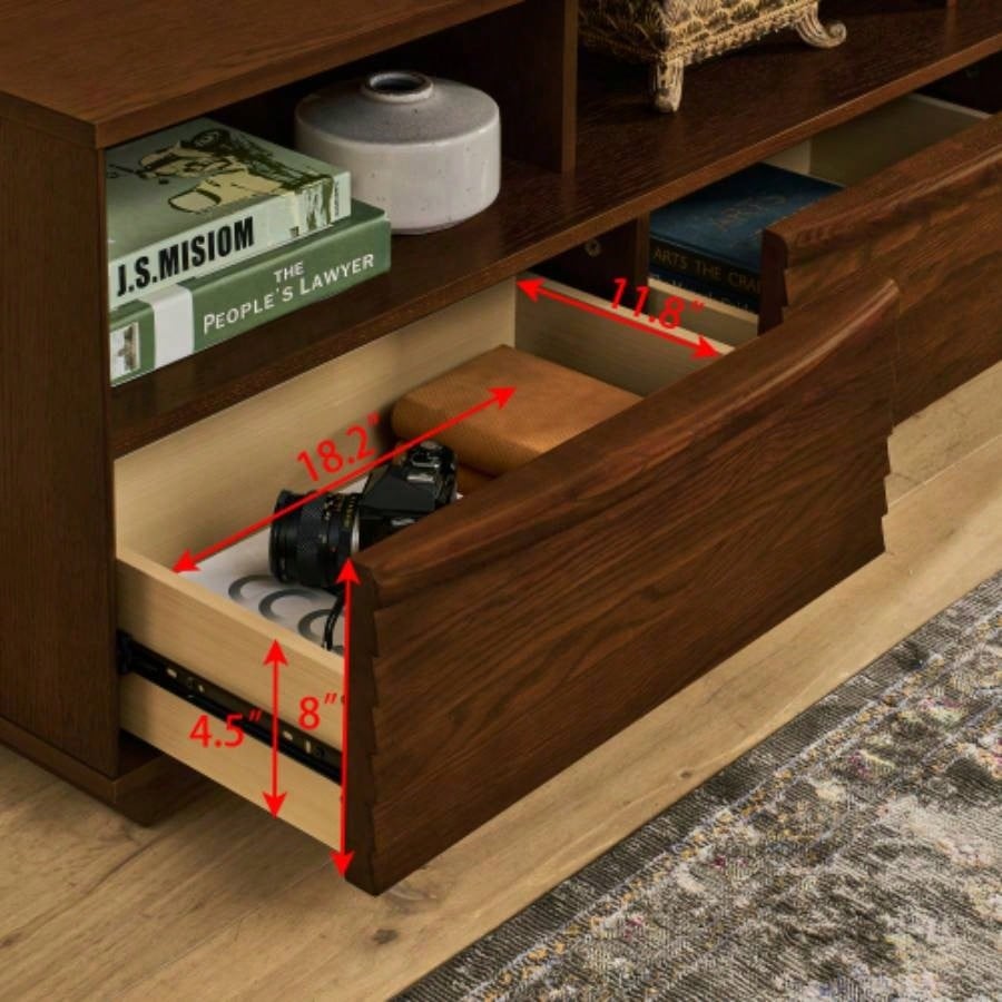 63 Mid - Modern TV Stand TVs up to 75 Thick Sturdy Farmhouse Entertainment Cabinet, Media Console Living Room, Louver Design Solid Wood Drawers Outlet Holes, Walnut