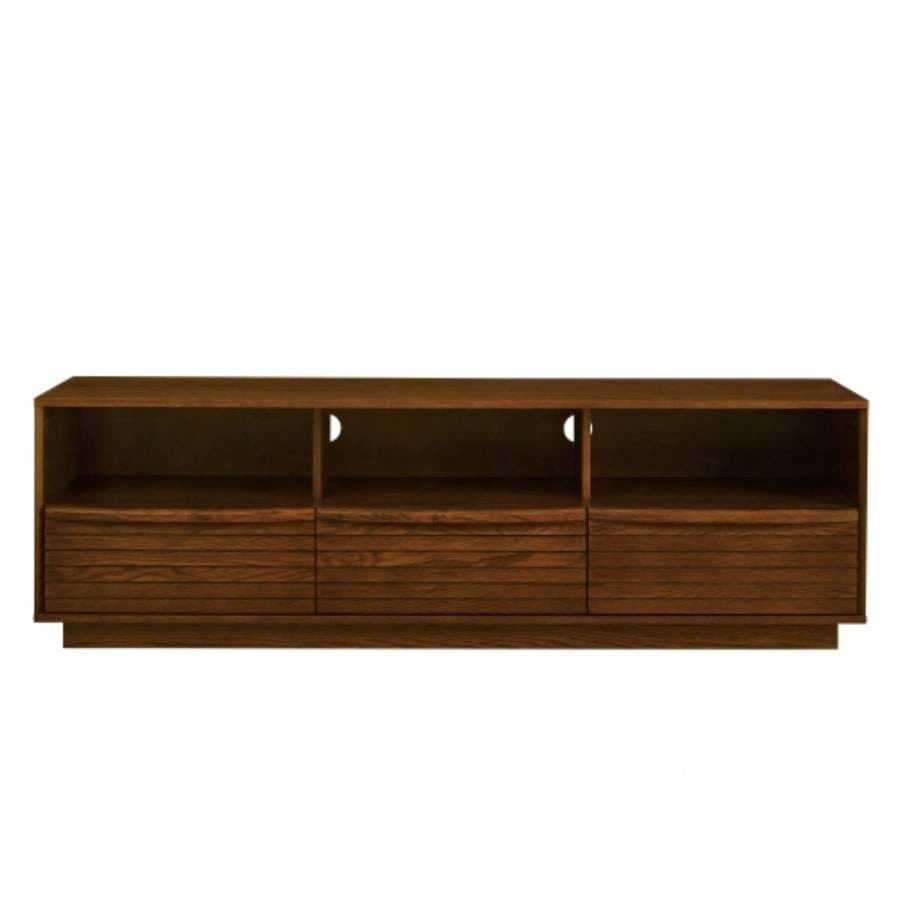 63 Mid - Modern TV Stand TVs up to 75 Thick Sturdy Farmhouse Entertainment Cabinet, Media Console Living Room, Louver Design Solid Wood Drawers Outlet Holes, Walnut